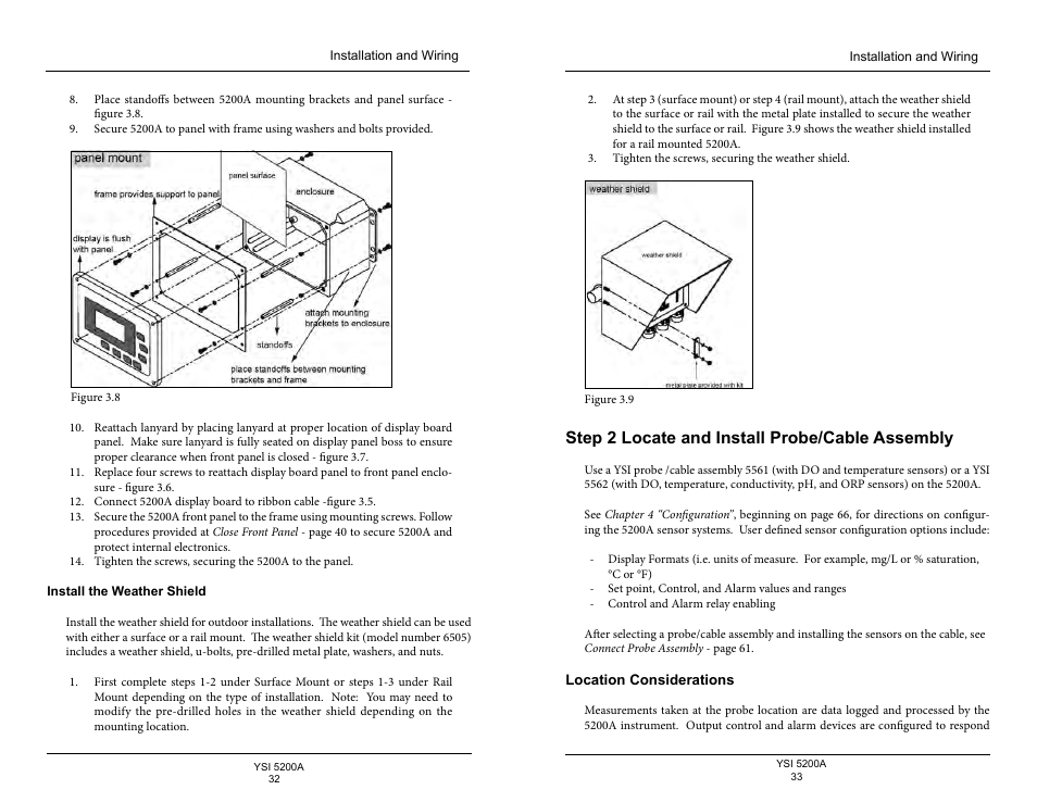 Install the weather shield, Step 2 locate and install probe/cable assembly, Location considerations | YSI 5200A User Manual | Page 17 / 128