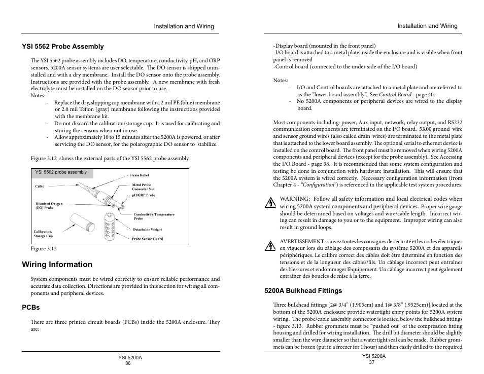 Ysi 5562 probe assembly, Wiring information, Pcbs | 5200a bulkhead fittings | YSI 5200A User Manual | Page 19 / 128