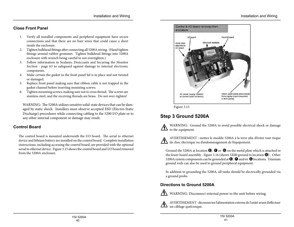 Close front panel, Control board, Step 3 ground 5200a | Directions to ground 5200a | YSI 5200A User Manual | Page 21 / 128