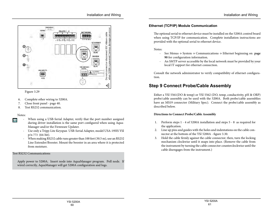Ethernet (tcp/ip) module communication, Step 9 connect probe/cable assembly | YSI 5200A User Manual | Page 31 / 128