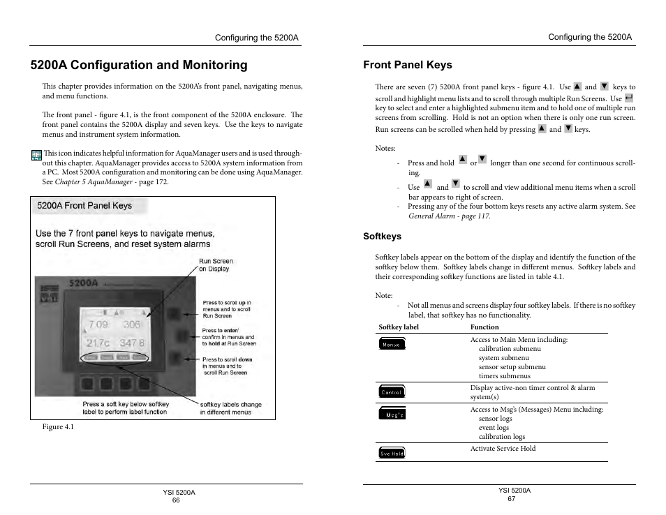 5200a configuration and monitoring, Front panel keys, Softkeys | E 66 p | YSI 5200A User Manual | Page 34 / 128