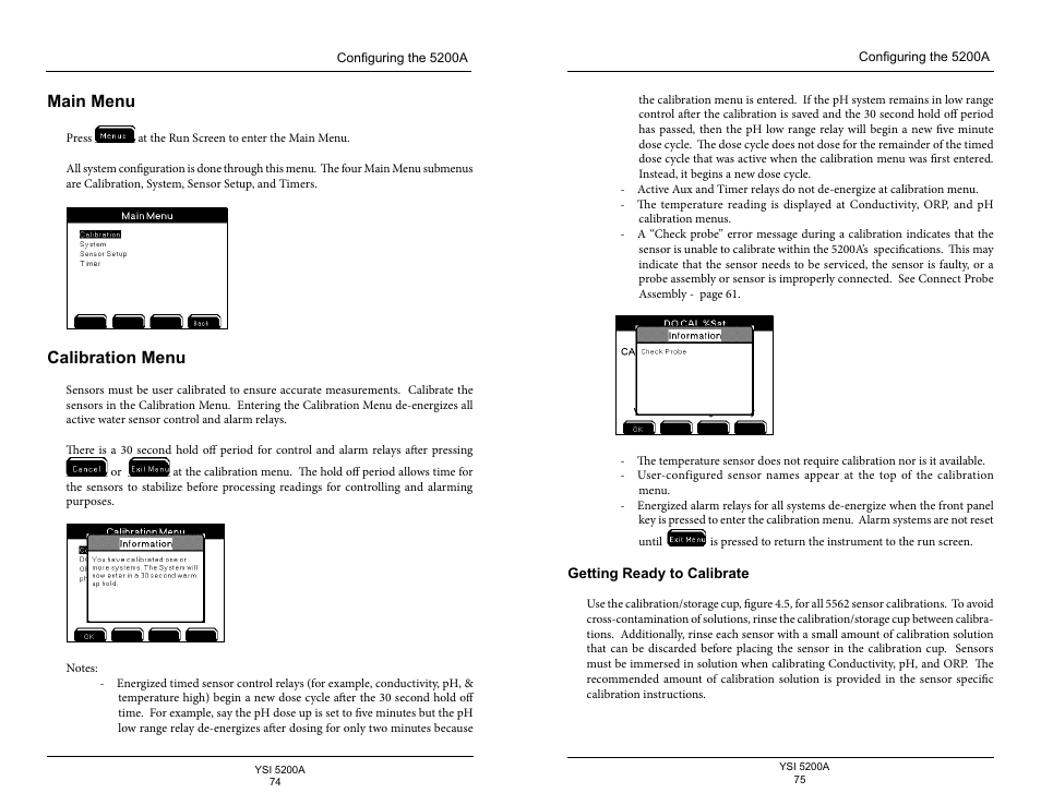 Main menu, Calibration menu, Getting ready to calibrate | YSI 5200A User Manual | Page 38 / 128