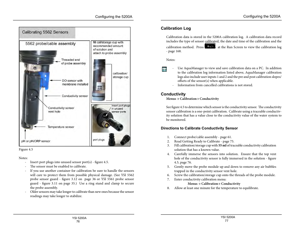 Calibration log, Conductivity, Directions to calibrate conductivity sensor | YSI 5200A User Manual | Page 39 / 128