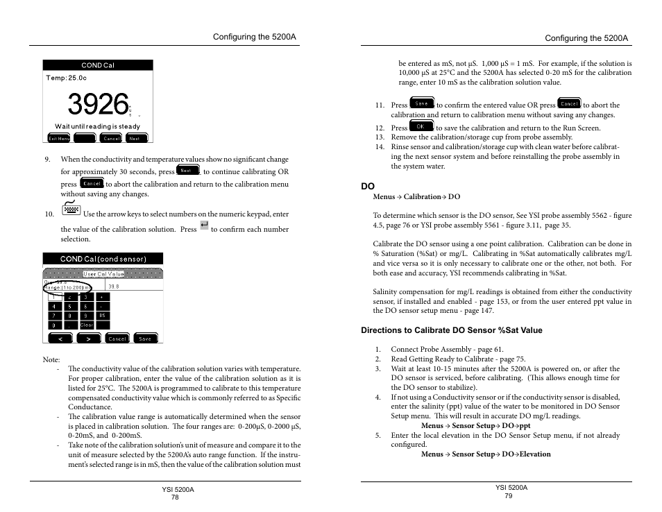 Directions to calibrate do sensor %sat value | YSI 5200A User Manual | Page 40 / 128