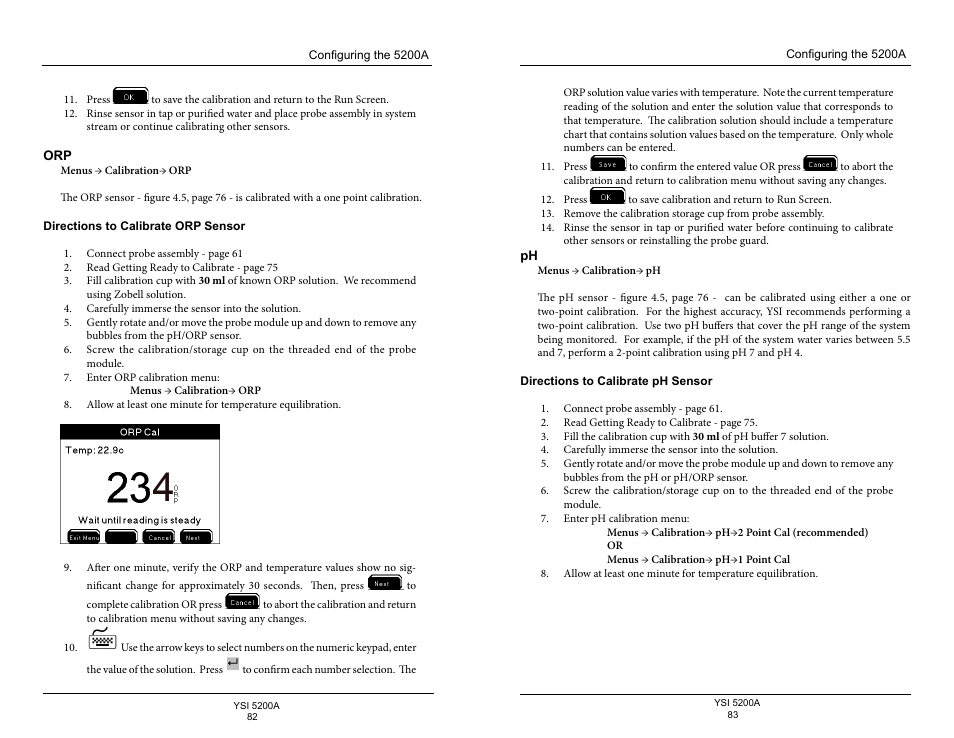 Directions to calibrate orp sensor, Directions to calibrate ph sensor | YSI 5200A User Manual | Page 42 / 128