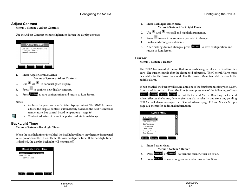 Adjust contrast, Backlight timer, Buzzer | YSI 5200A User Manual | Page 44 / 128