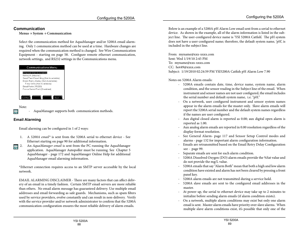 Communication, Email alarming | YSI 5200A User Manual | Page 45 / 128