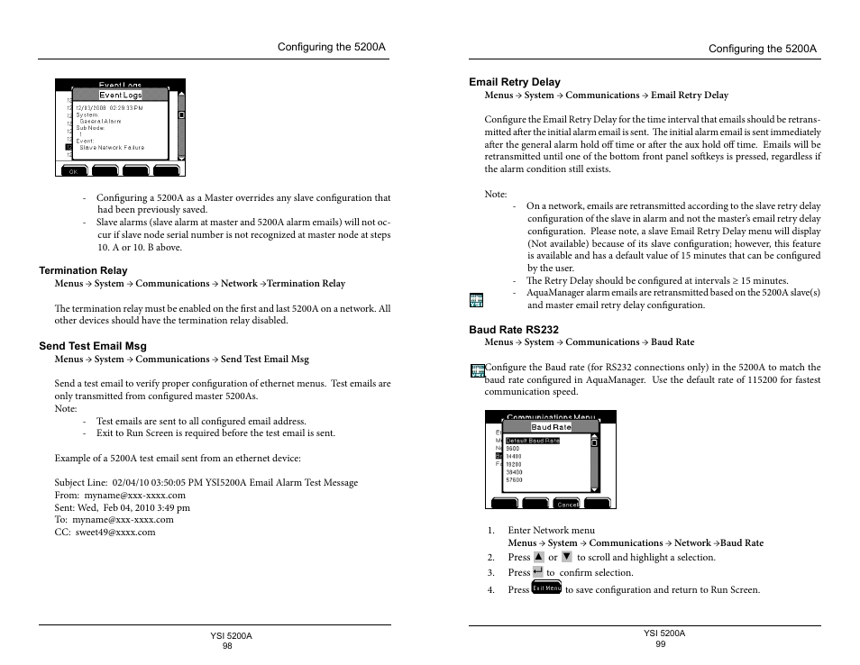 Send test email msg, Email retry delay, Baud rate rs232 | E 99 | YSI 5200A User Manual | Page 50 / 128