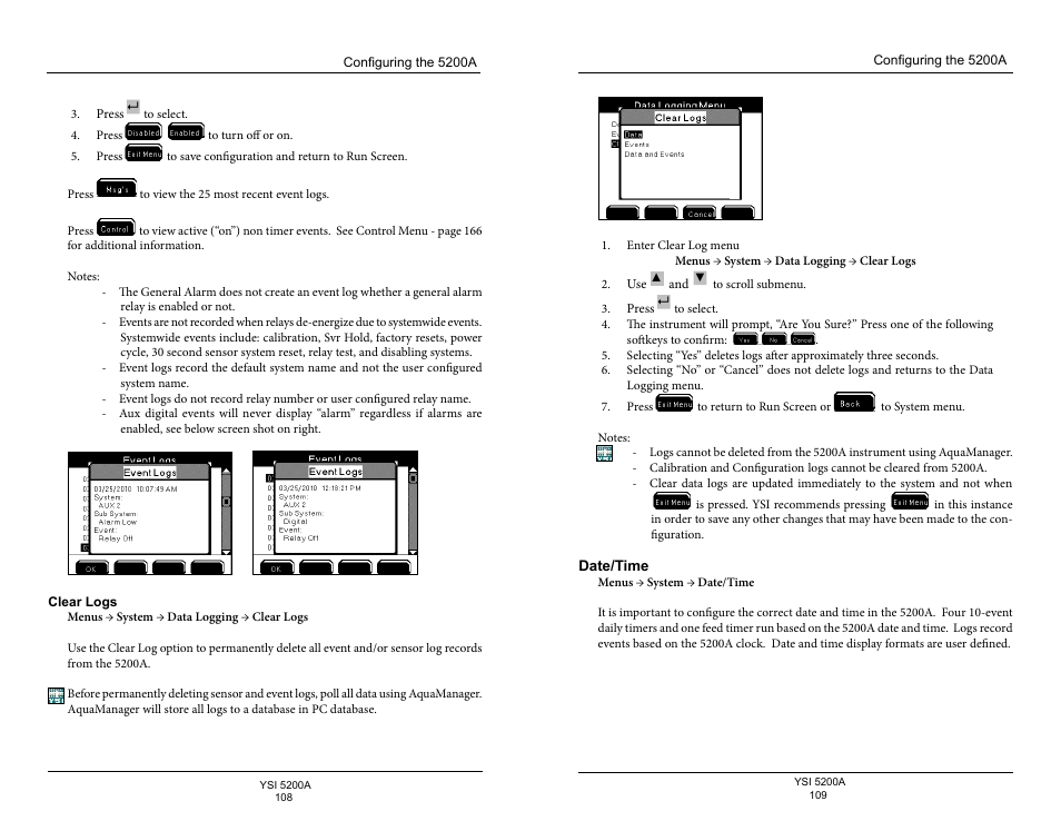 Clear logs, Date/time | YSI 5200A User Manual | Page 55 / 128