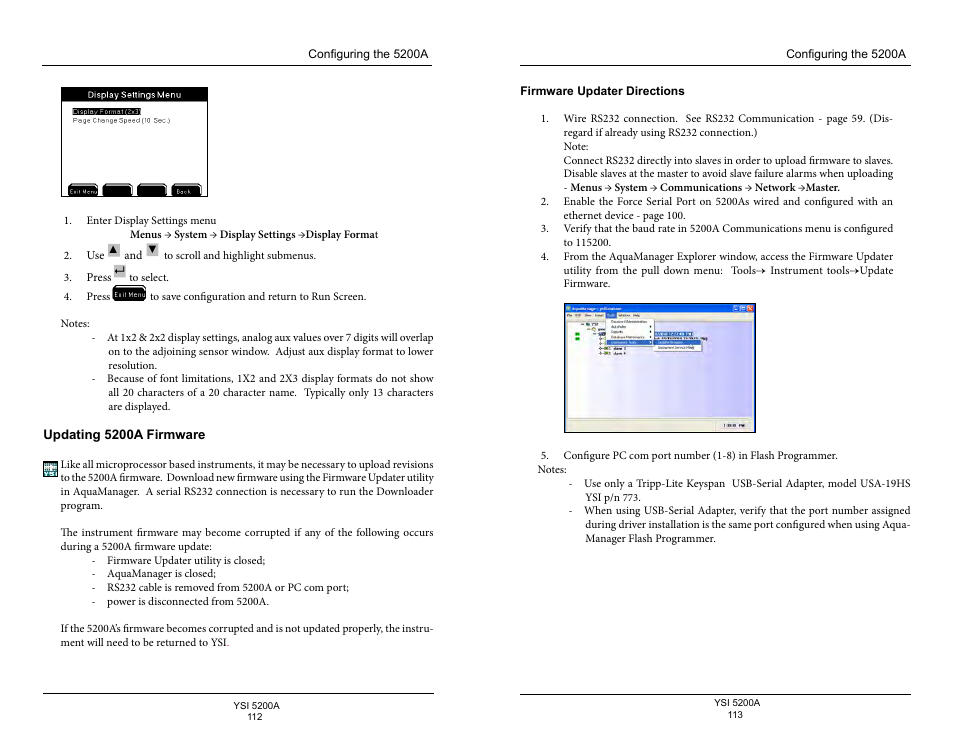 Updating 5200a firmware, Firmware updater directions | YSI 5200A User Manual | Page 57 / 128