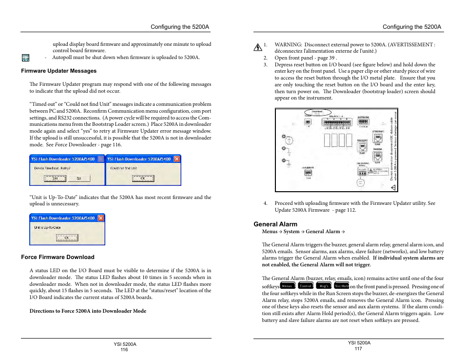 Force firmware download, General alarm, 117 a | YSI 5200A User Manual | Page 59 / 128