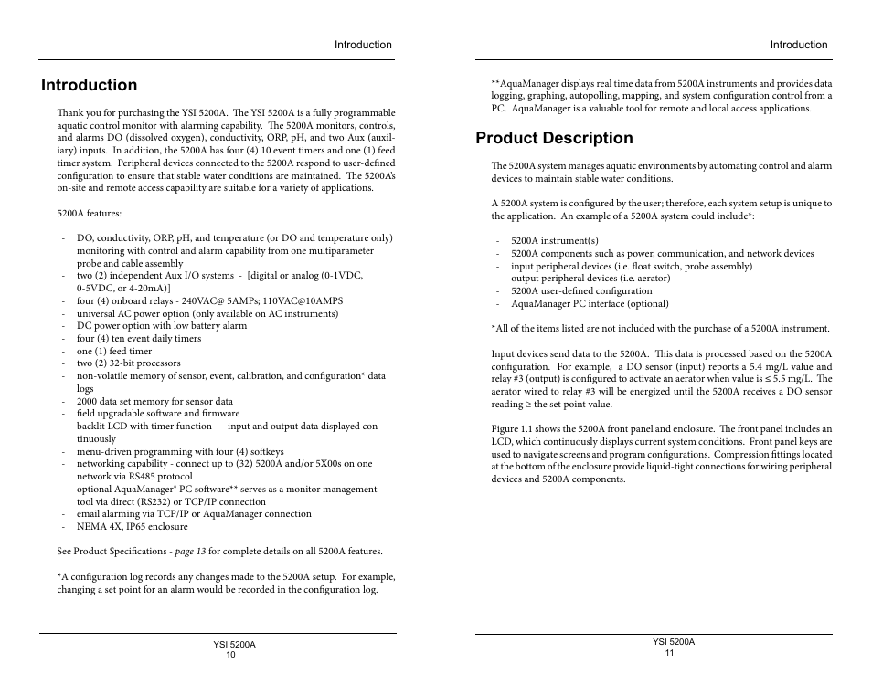 Introduction, Product description | YSI 5200A User Manual | Page 6 / 128