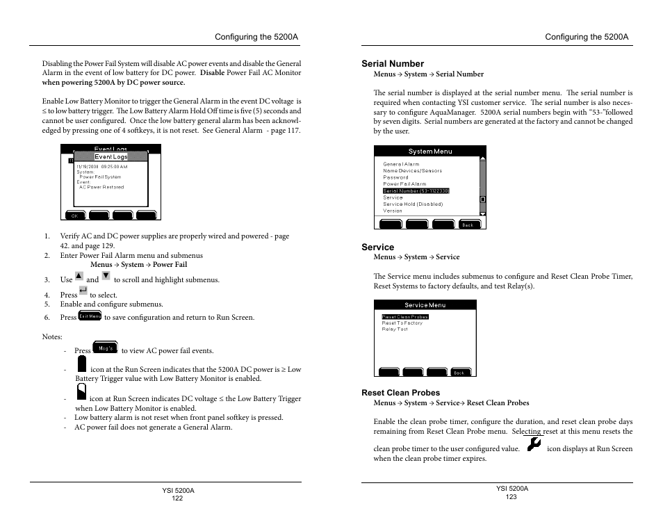 Serial number, Service, Reset clean probes | YSI 5200A User Manual | Page 62 / 128