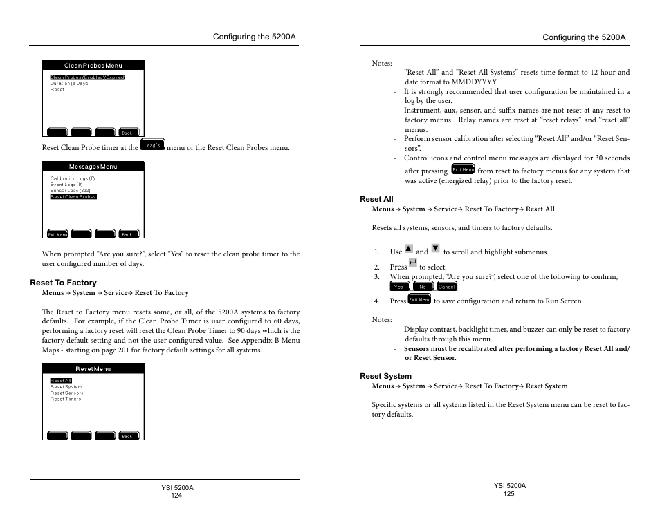 Reset to factory | YSI 5200A User Manual | Page 63 / 128