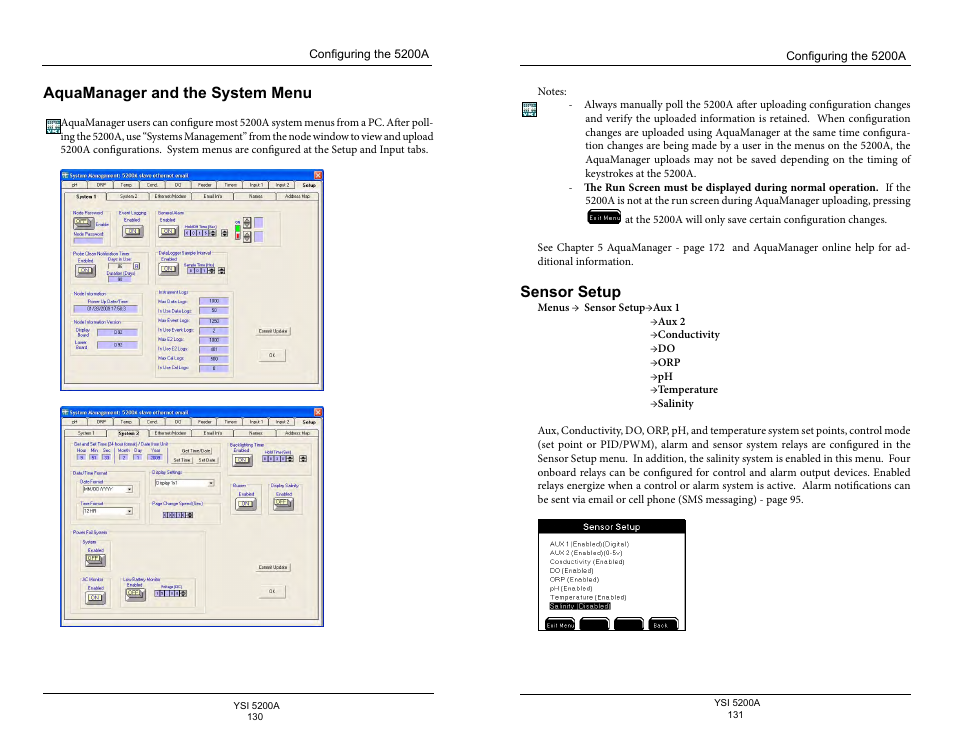 Aquamanager and the system menu, Sensor setup, Age 131 | YSI 5200A User Manual | Page 66 / 128