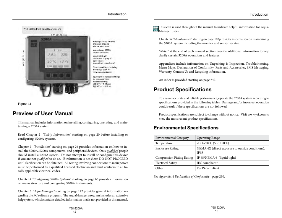 Preview of user manual, Product specifications, Environmental specifications | YSI 5200A User Manual | Page 7 / 128