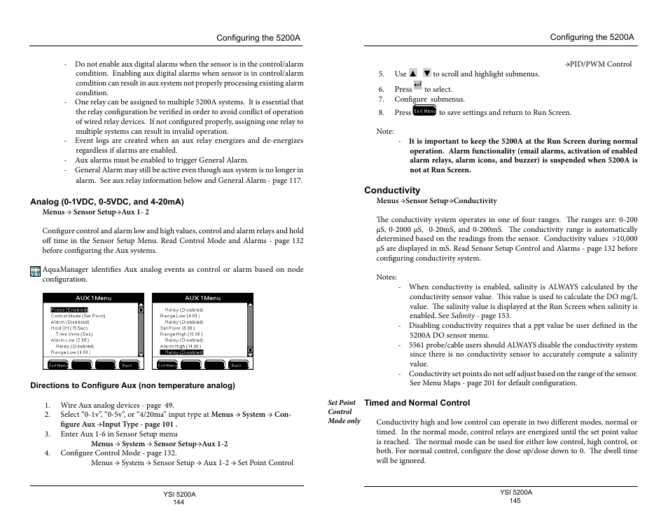 Analog (0-1vdc, 0-5vdc, and 4-20ma), Conductivity, Timed and normal control | YSI 5200A User Manual | Page 73 / 128