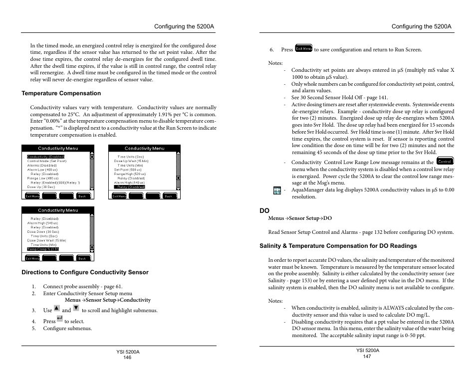 Temperature compensation, Directions to configure conductivity sensor, E 147 | YSI 5200A User Manual | Page 74 / 128