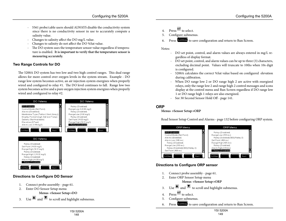 Two range controls for do, Directions to configure do sensor, Directions to configure orp sensor | YSI 5200A User Manual | Page 75 / 128