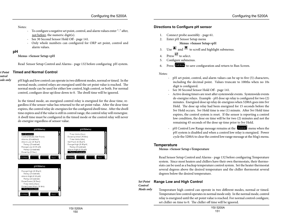 Timed and normal control, Directions to configure ph sensor, Temperature | Range low and high control | YSI 5200A User Manual | Page 76 / 128