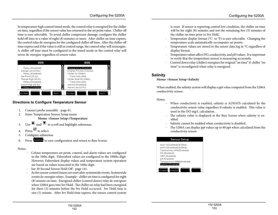Directions to configure temperature sensor, Salinity, E 153 | E 153) o | YSI 5200A User Manual | Page 77 / 128