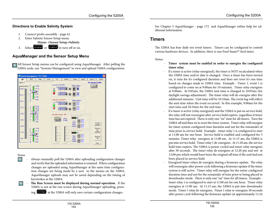 Directions to enable salinity system, Aquamanager and the sensor setup menu, Timers | YSI 5200A User Manual | Page 78 / 128