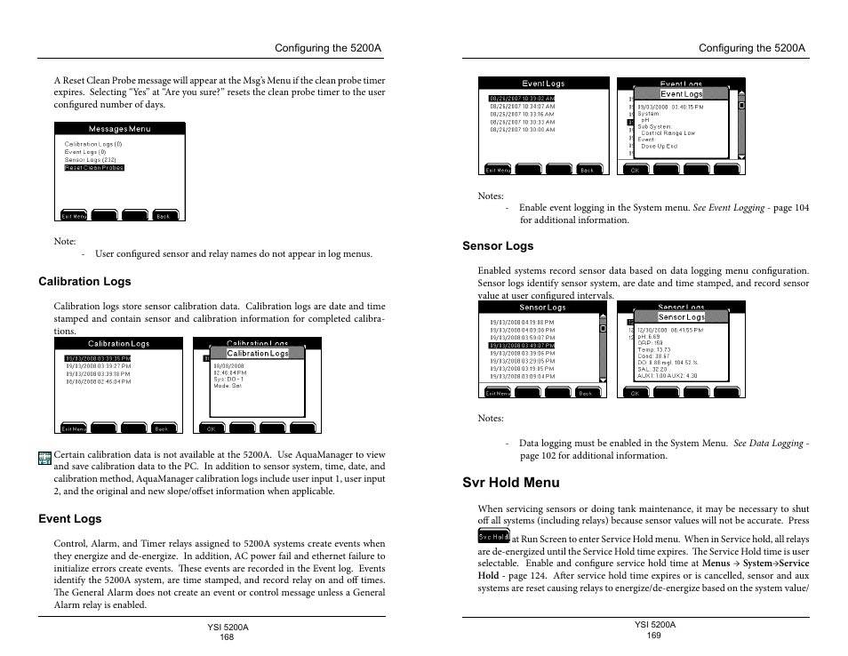Calibration logs, Event logs, Sensor logs | Svr hold menu, E 168 | YSI 5200A User Manual | Page 85 / 128