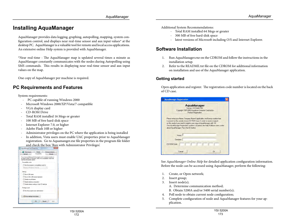 Installing aquamanager, Pc requirements and features, Software installation | Getting started, E 172 p | YSI 5200A User Manual | Page 87 / 128