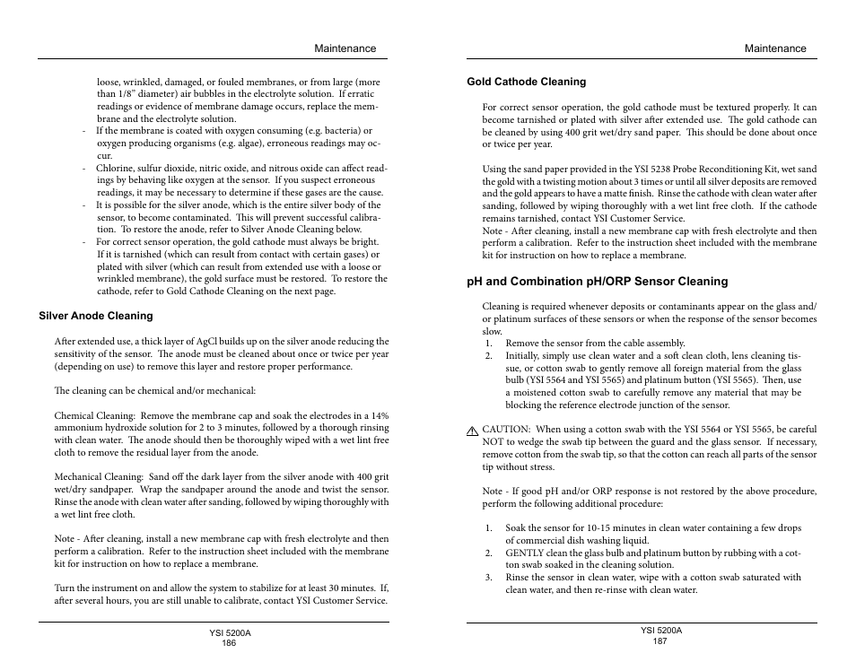 Silver anode cleaning, Gold cathode cleaning, Ph and combination ph/orp sensor cleaning | YSI 5200A User Manual | Page 94 / 128