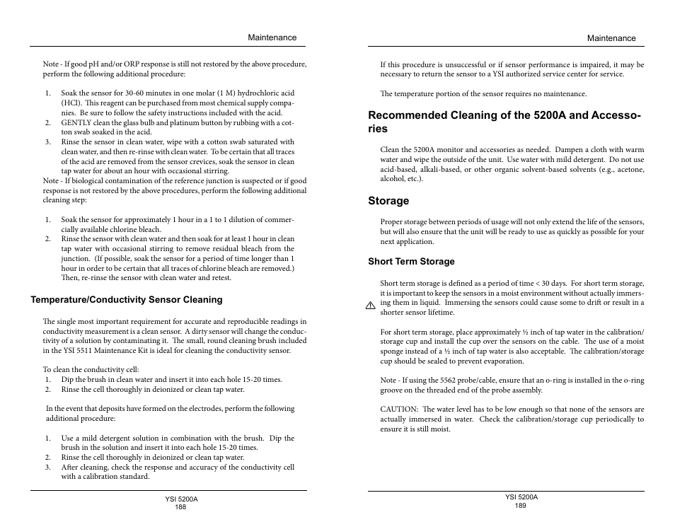 Temperature/conductivity sensor cleaning, Recommended cleaning of the 5200a and accessories, Storage | Short term storage | YSI 5200A User Manual | Page 95 / 128