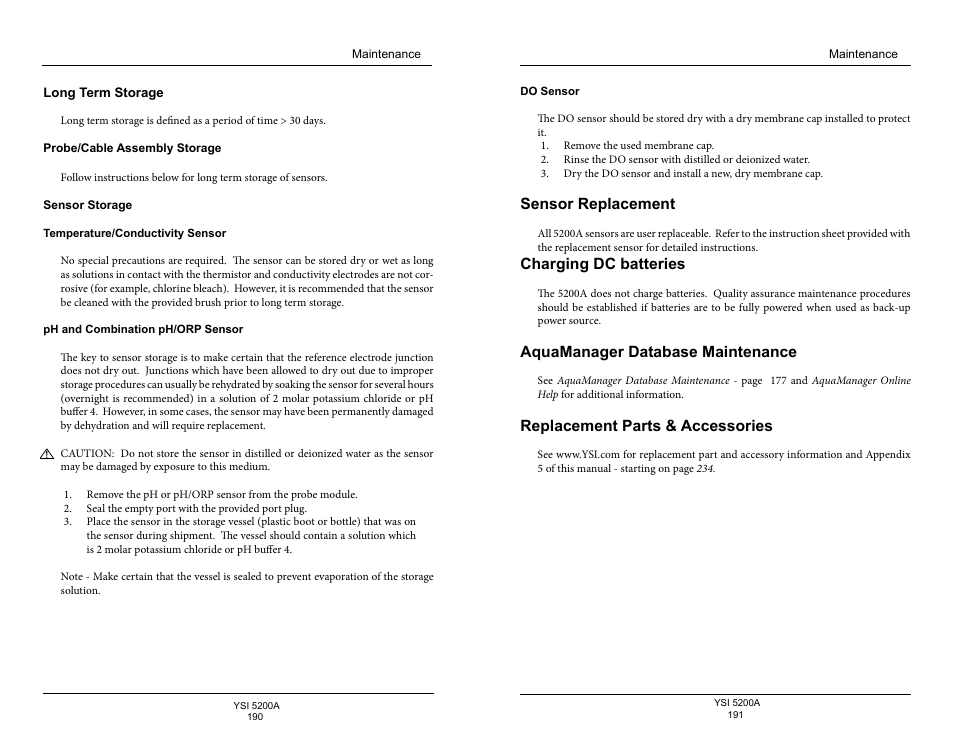 Long term storage, Probe/cable assembly storage, Sensor storage | Sensor replacement, Charging dc batteries, Aquamanager database maintenance, Replacement parts & accessories | YSI 5200A User Manual | Page 96 / 128