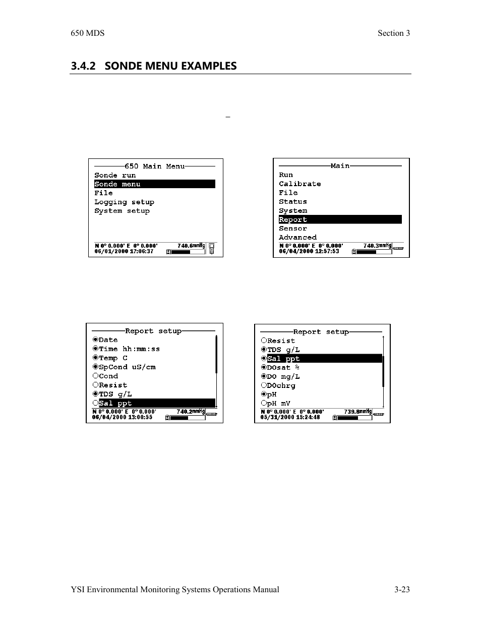2 sonde menu examples | YSI 600LS - User Manual User Manual | Page 153 / 379