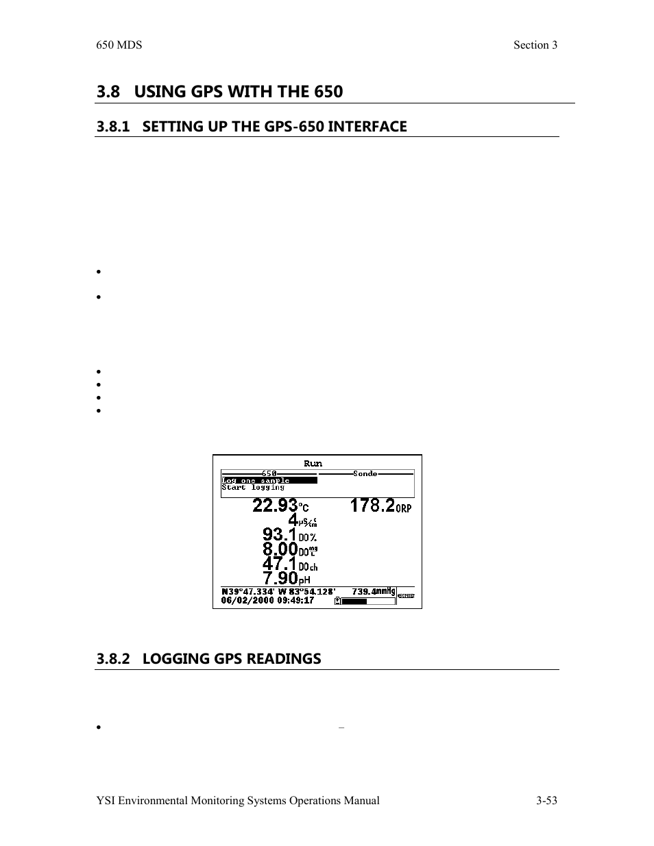 8 using gps with the 650, 1 setting up the gps-650 interface, 2 logging gps readings | YSI 600LS - User Manual User Manual | Page 183 / 379