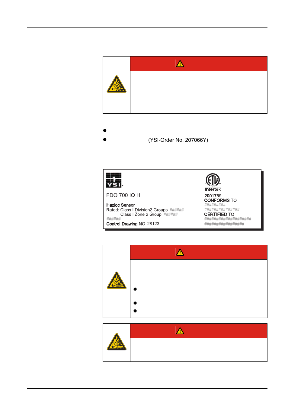 3 hazardous location use (fdo® 70x iq h models), Hazardous location use (fdo, S (see chapter 2.3 for | Danger | YSI IQ SensorNet FDO Sensor User Manual | Page 11 / 48