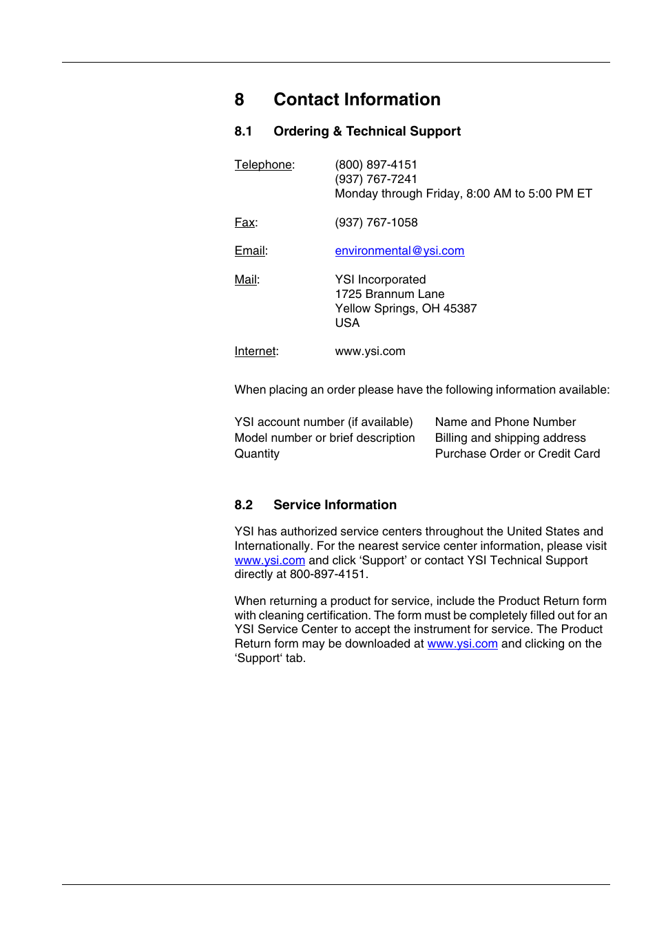 8 contact information, 1 ordering & technical support, 2 service information | Contact information -1, Ordering & technical support -1, Service information -1, 8contact information | YSI IQ SensorNet FDO Sensor User Manual | Page 41 / 48