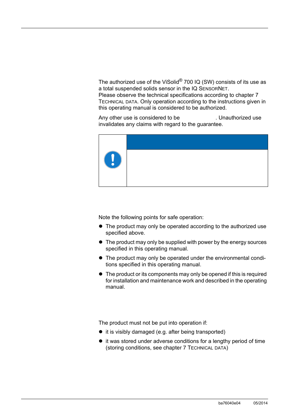2 safe operation, 1 authorized use, 2 requirements for safe operation | 3 unauthorized use, Safe operation -2 2.2.1, Authorized use -2, Requirements for safe operation -2, Unauthorized use -2, Notice | YSI IQ SensorNet ViSolid Sensor 700 IQ User Manual | Page 10 / 60