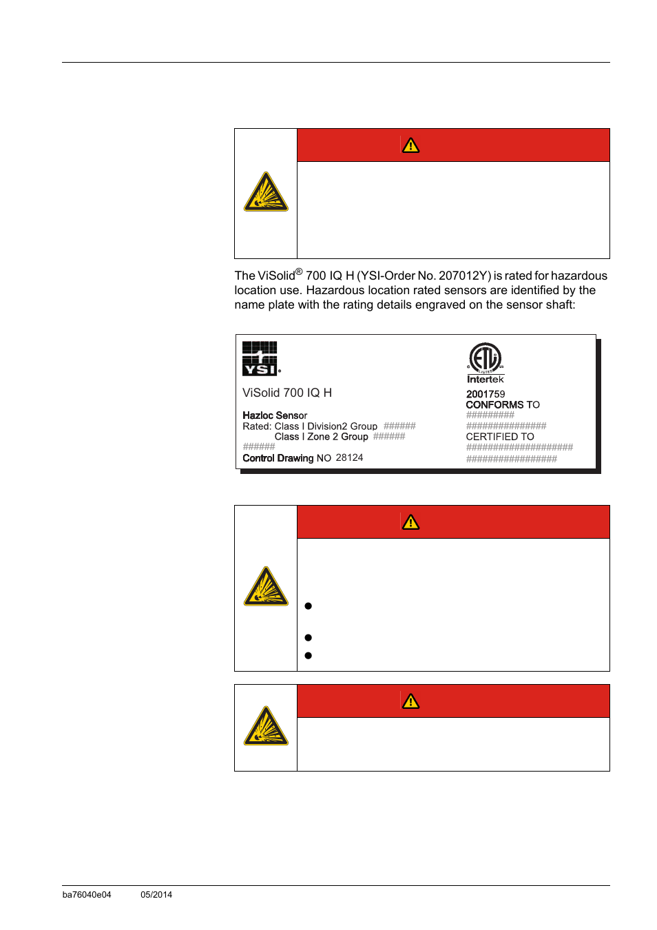 3 hazardous location use (visolid® 700 iq h), Hazardous location use (visolid, Danger | YSI IQ SensorNet ViSolid Sensor 700 IQ User Manual | Page 11 / 60