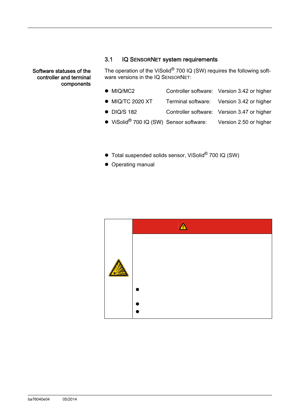 3 commissioning, 1 iq sensornet system requirements, 2 scope of delivery | 3 installation, Commissioning -1, Scope of delivery -1, Installation -1 3.3.1, Danger, 3commissioning | YSI IQ SensorNet ViSolid Sensor 700 IQ User Manual | Page 13 / 60