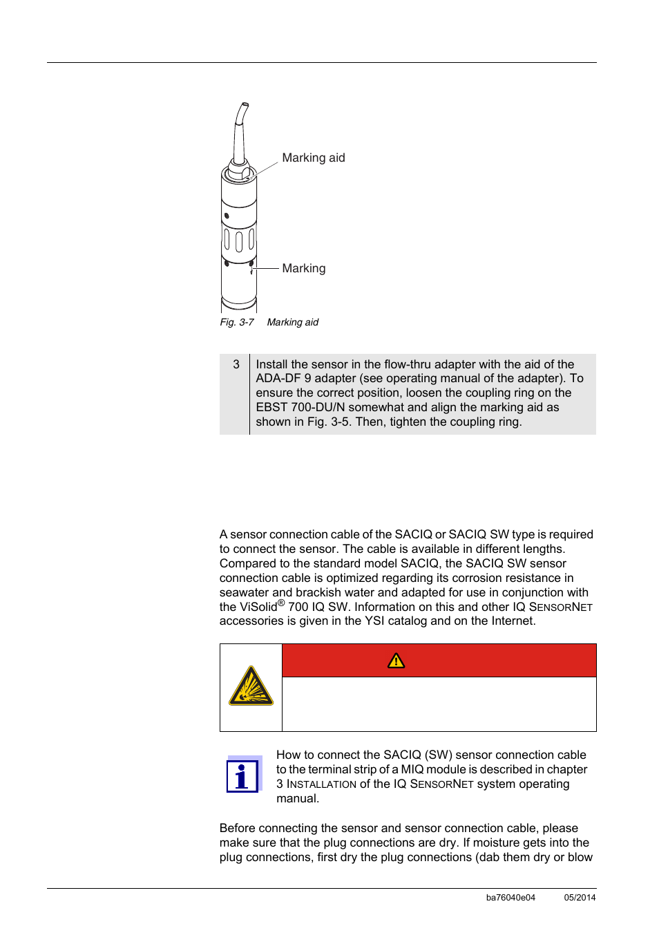 5 commissioning / readiness for measuring, 1 connect the sensor, Commissioning / readiness for measuring -10 3.5.1 | Connect the sensor -10, Section 3.5.1), Danger | YSI IQ SensorNet ViSolid Sensor 700 IQ User Manual | Page 22 / 60