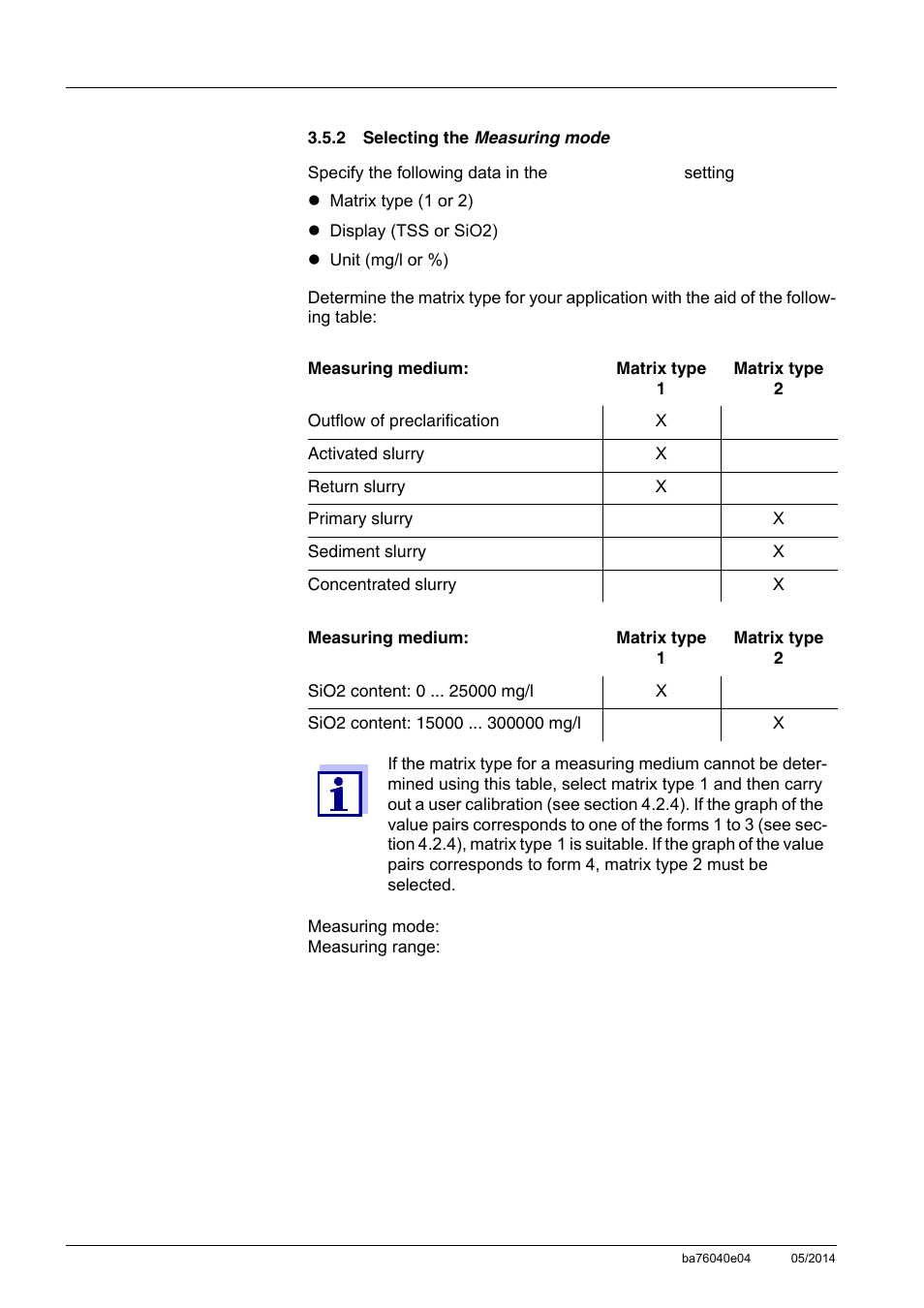 2 selecting the measuring mode, Selecting the measuring mode | YSI IQ SensorNet ViSolid Sensor 700 IQ User Manual | Page 24 / 60
