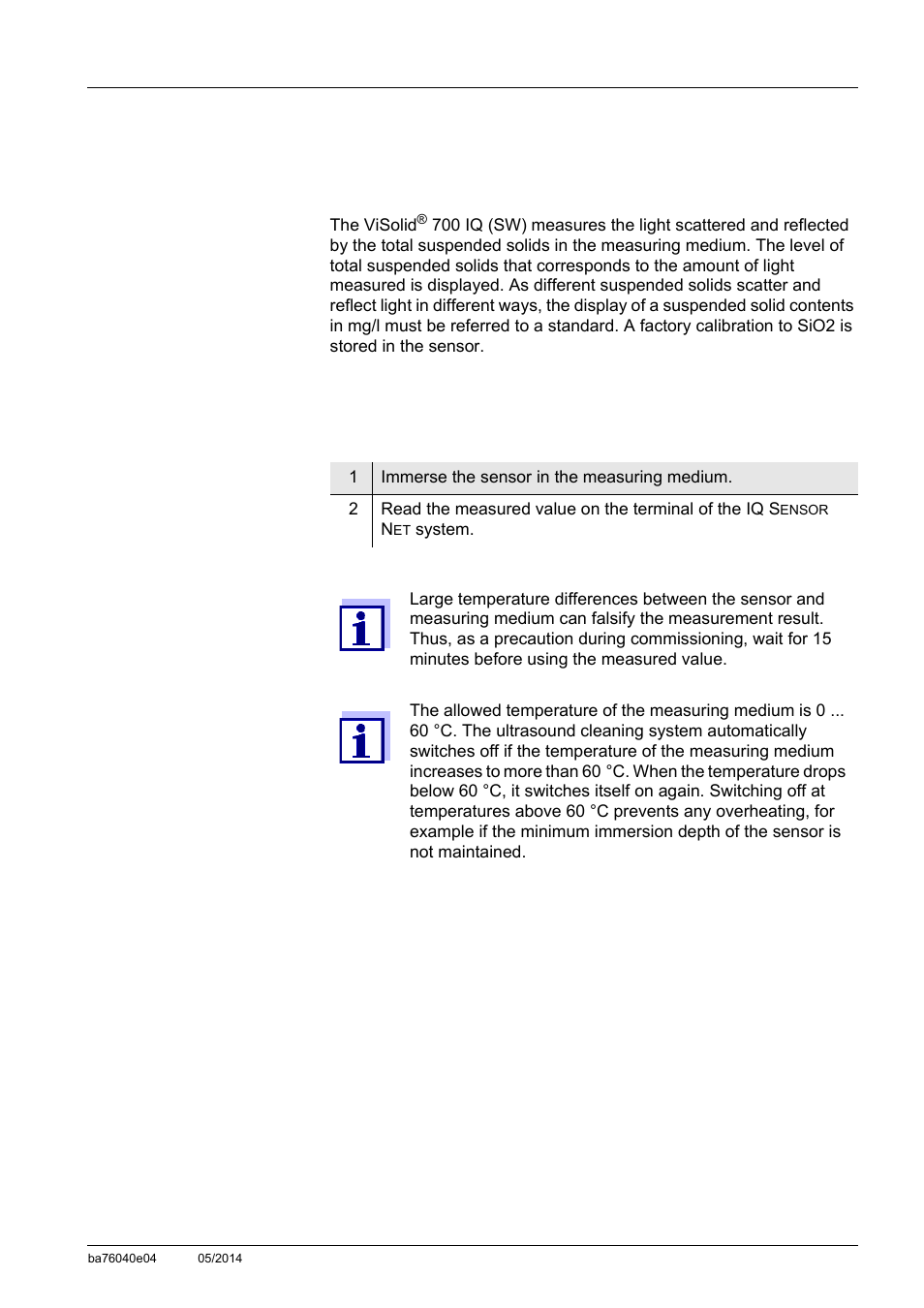 4 measuring, 1 measuring operation, Measuring -1 | Measuring operation -1, 4measuring | YSI IQ SensorNet ViSolid Sensor 700 IQ User Manual | Page 29 / 60