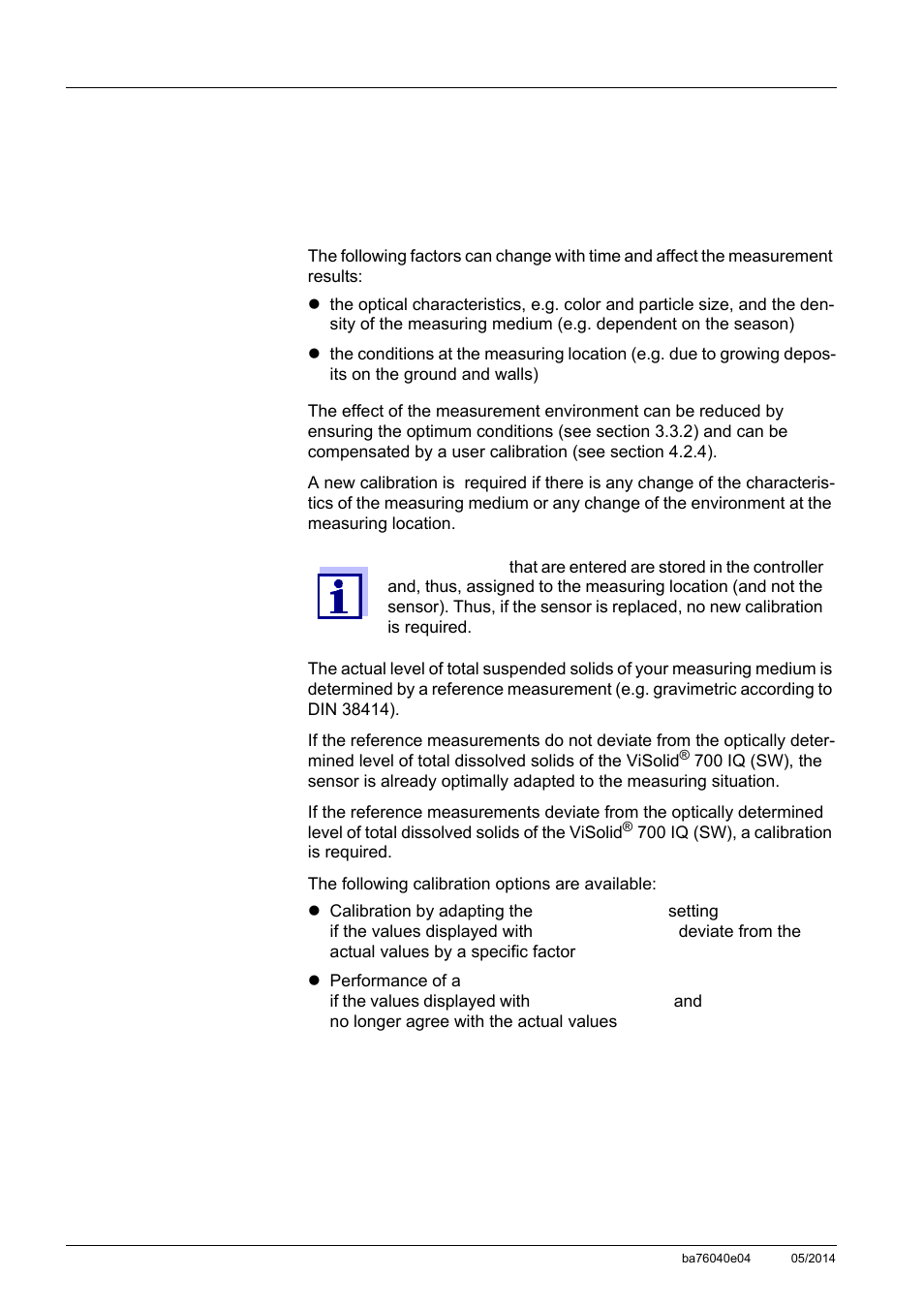2 calibration for tss measurement, 1 general information, Calibration for tss measurement -2 4.2.1 | General information -2 | YSI IQ SensorNet ViSolid Sensor 700 IQ User Manual | Page 30 / 60