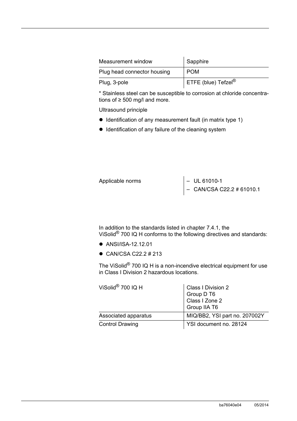 4 instrument safety, 1 general instrument safety, 2 hazardous location ratings (h models) | Instrument safety -4 7.4.1, General instrument safety -4, Hazardous location ratings (h models) -4 | YSI IQ SensorNet ViSolid Sensor 700 IQ User Manual | Page 48 / 60