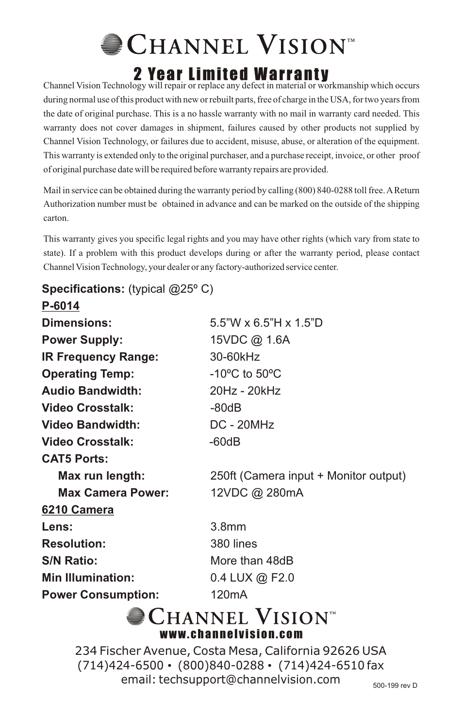 Channel Vision PRO P-6014 User Manual | Page 12 / 12