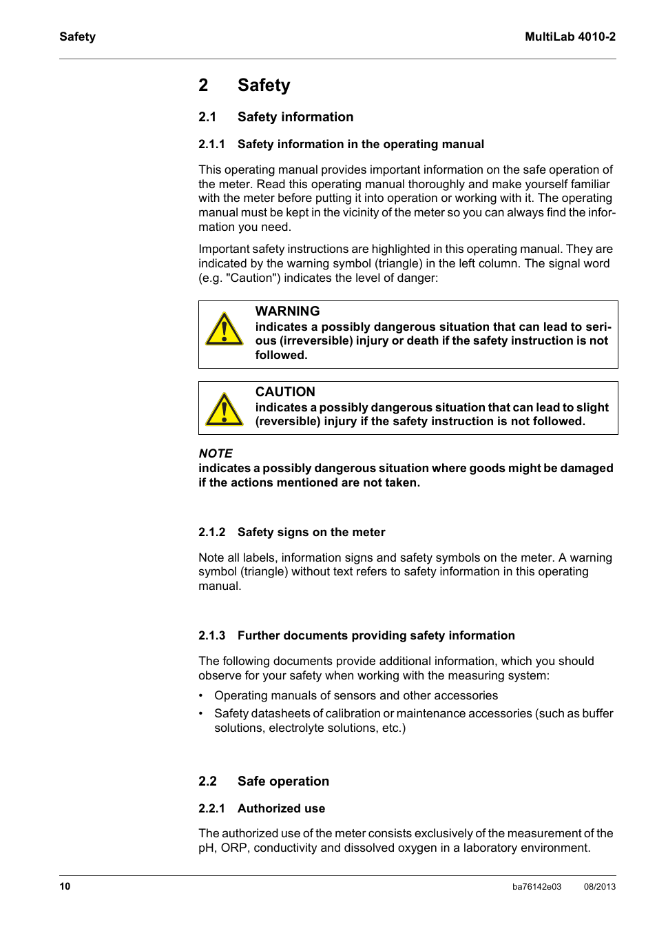 2 safety, 1 safety information, 1 safety information in the operating manual | 2 safety signs on the meter, 3 further documents providing safety information, 2 safe operation, 1 authorized use, Safety, Safety information, Safety information in the operating manual | YSI MultiLab 4010-2 User Manual | Page 10 / 138