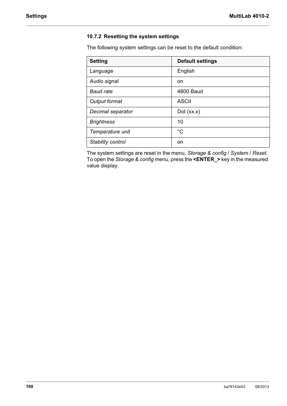 2 resetting the system settings, See section 10.7.2 r, Esetting | System, Settings | YSI MultiLab 4010-2 User Manual | Page 100 / 138