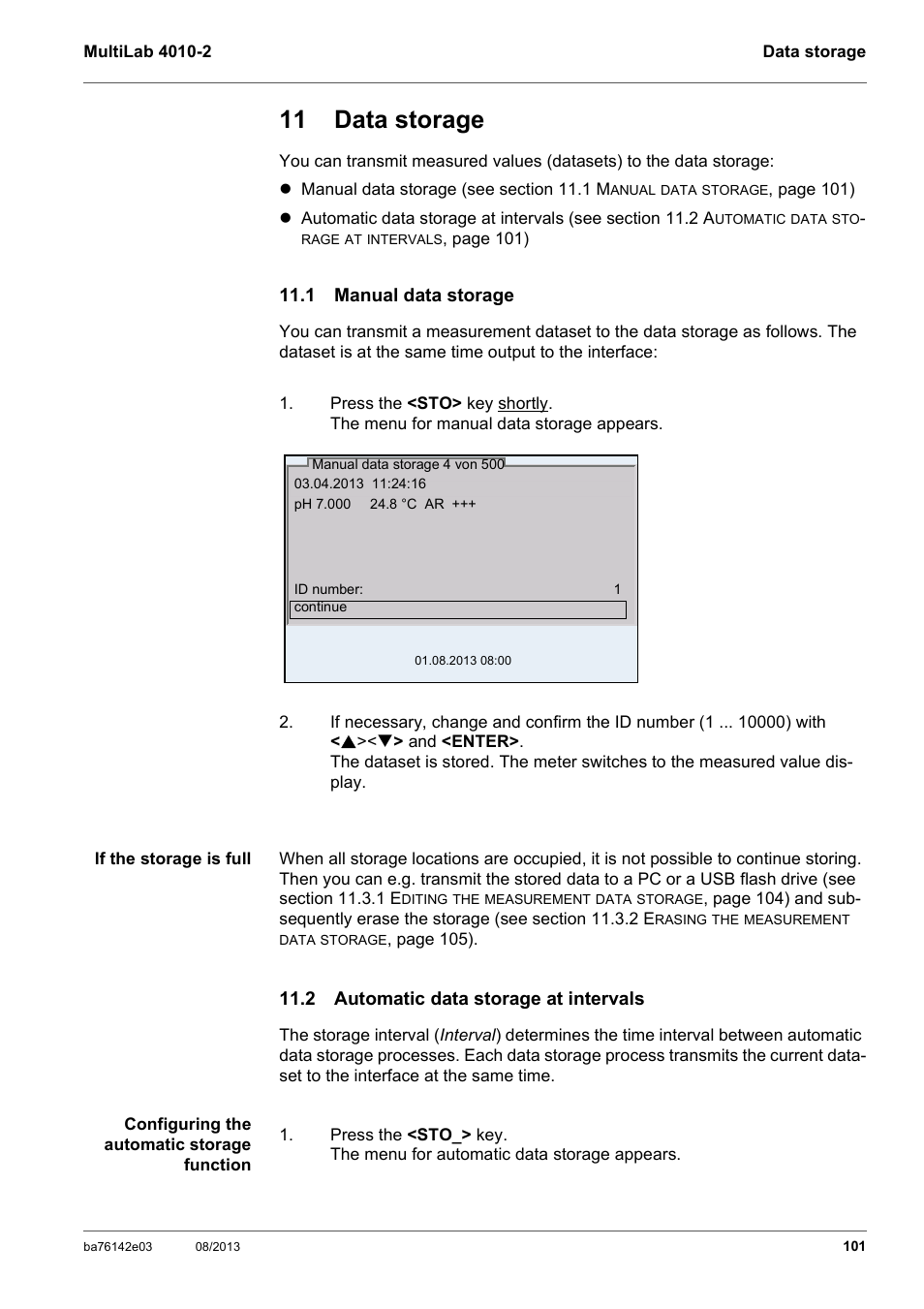 11 data storage, 1 manual data storage, 2 automatic data storage at intervals | YSI MultiLab 4010-2 User Manual | Page 101 / 138