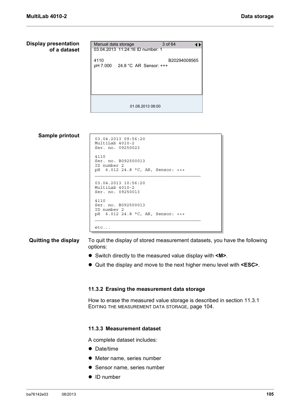 2 erasing the measurement data storage, 3 measurement dataset, Ee section 11.3.2 e | Rasing, Measurement, Data, Storage | YSI MultiLab 4010-2 User Manual | Page 105 / 138
