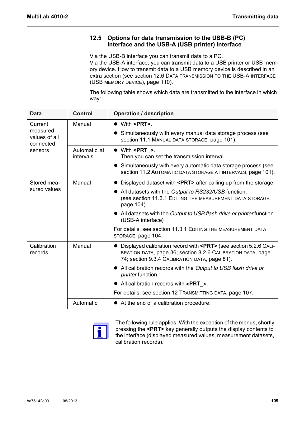 5 options for data transmission to the usb-b (pc), Interface and the usb-a (usb printer) interface | YSI MultiLab 4010-2 User Manual | Page 109 / 138