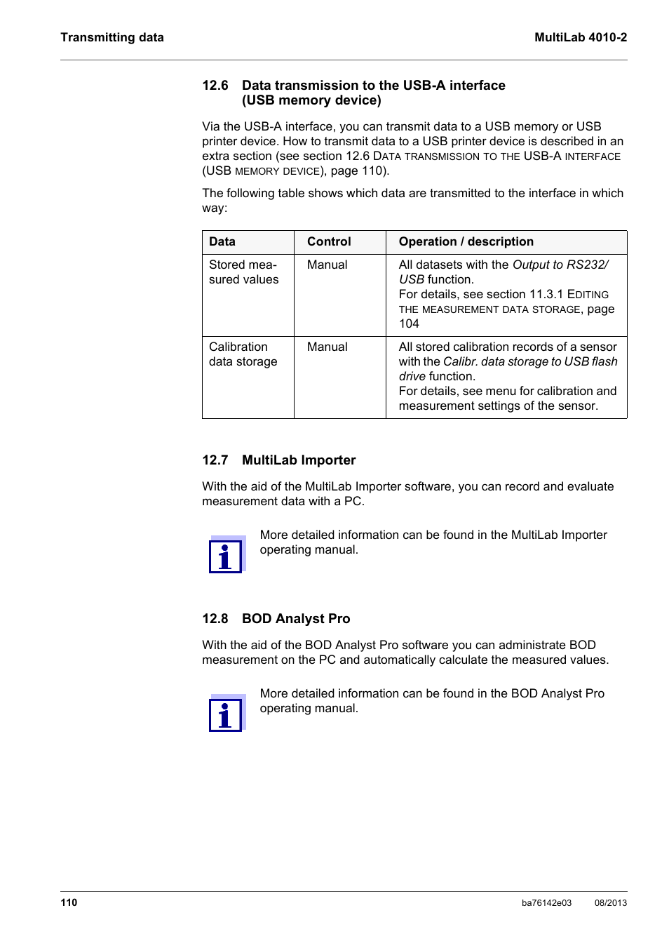 7 multilab importer, 8 bod analyst pro, 6 data transmission to the usb-a interface | Usb memory device), 7 multilab importer 12.8 bod analyst pro, Section 12.6 d, Transmission, Usb-a, Interface, Memory | YSI MultiLab 4010-2 User Manual | Page 110 / 138